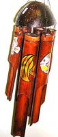 Dark brown bamboo windchime with assorted color and design fish painted on each pipe, oval half nut shell on top