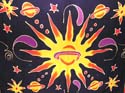 Multi red and yellow celestial body on black cosmo design fashion sarong wrap 