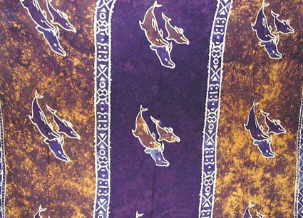 Batik sarong,summer dress -Sea life three color section motif (brown on sides and blue in midde) Batik beach wrap with multi three dolphin in group pattern design