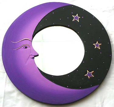Purple black moon star rounded wooden mirror 