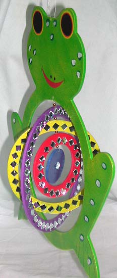 Green frog wooden mobile with circle rotating center 