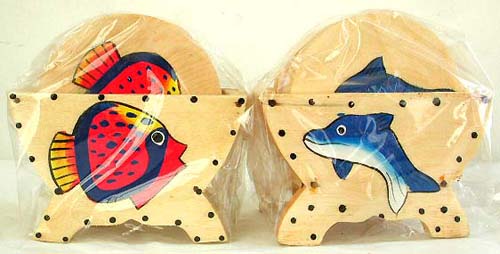 Assorted pattern decor rounded wooden cup coaster with holder