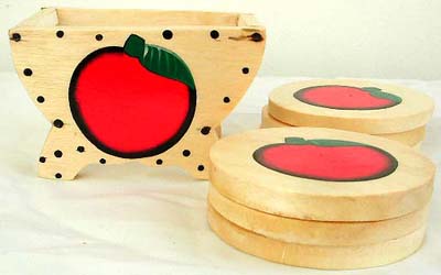 Assorted pattern decor rounded wooden cup coaster with holder