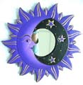 Purple moon and star on black sky deisng rounded wooden mirror with comet edge