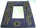 Blue crack rectangular wooden mirror with 2 holding hands black tribal lady figure decor