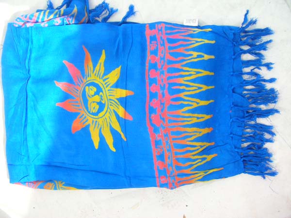 Swim wear accessory outsourcing wholesaler, Island wear sarong skirt in blue with sun and mountain design