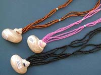 Beaded triple string fashion necklace with a seashell pendant, button loop for convenience closure, assorted color randomly pick 