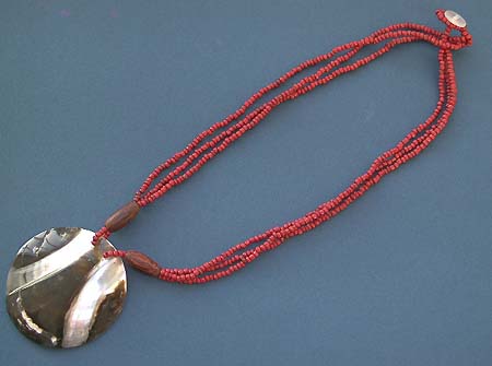 wholesale jewelry making supply, triple red beaded string fashion necklace with a white band decor genuine seashell pendant