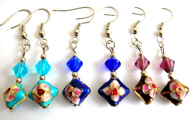 Fashion fish hook earring holding a diamond shape bead and a flower decor diamond shape handmade enamel cloisonne bead
