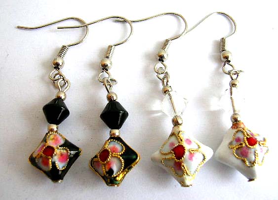 Fashion fish hook earring holding a diamond shape bead and a flower decor diamond shape handmade enamel cloisonne bead
