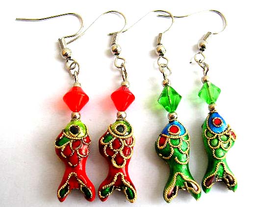 Fashion fish hook earring holding a diamond shape bead and a handmade enamel cloisonne fish bead