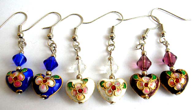 wholesale heart jewelry and handcrafted cloisonne enamled heart shape love earring with rhinestone beads
