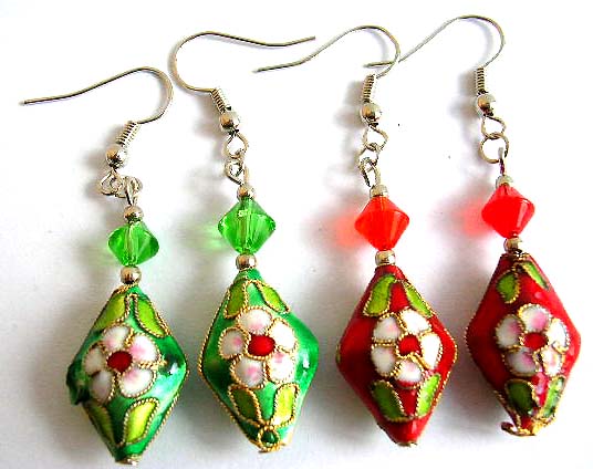 Fashion earring with fish hook back holding a diamond shape bead and a flower pattern decor long diamond shape handmade enamel cloisonne bead