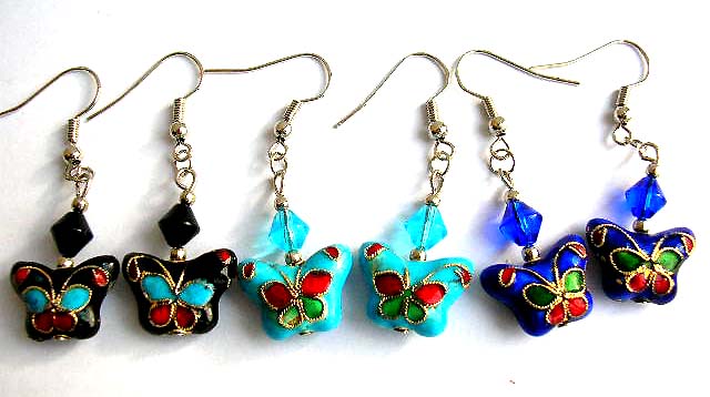 Fashion earring with fish hook back holding a diamond shape bead and a flower pattern decor handmade enamel cloisonne butterfly bead