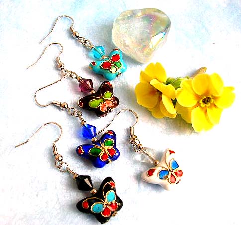 Fashion earring with fish hook back holding a diamond shape bead and a flower pattern decor handmade enamel cloisonne butterfly bead