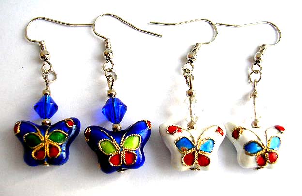 Fashion earring with fish hook back holding a diamond shape bead and a flower pattern decor handmade enamel cloisonne butterfly bead
