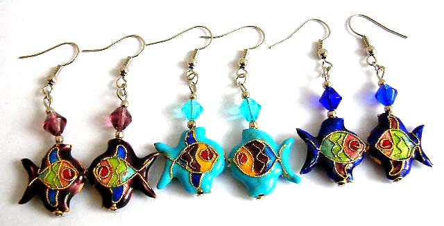 Fashion earring with fish hook back holding a diamond shape bead and handmade enamel cloisonne tropical fish bead