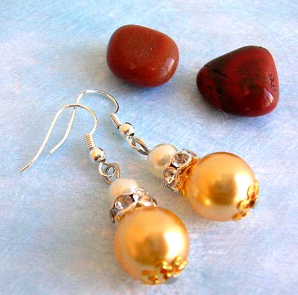 Wholesale fashion earring, double gloden silvery imitation pearl earring with golden bead cap and cz ring