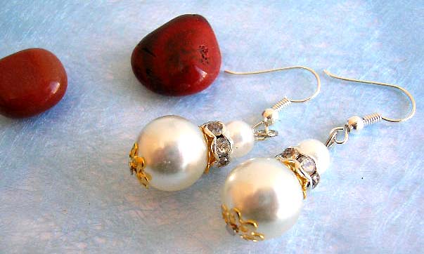 Wholesale cz earring, double imitation pearl earring with golden bead cap and cz ring