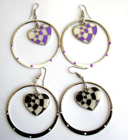 Fashion fish hook earring with color painted heart love in circle pattern design