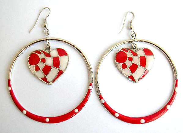 Fashion fish hook earring with color painted heart love in circle pattern design