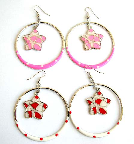 Fashion fish hook earring with color painted, pattern decor star in circle pattern design