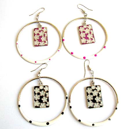 Fashion fish hook earring with color painted, multi mini white star decor, rectangle in circle pattern design