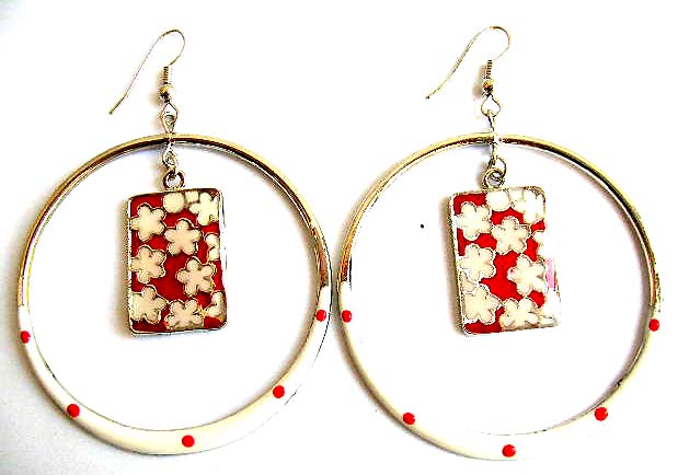 Fashion fish hook earring with color painted, multi mini white star decor, rectangle in circle pattern design