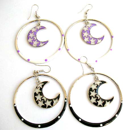 Fashion earring with color painted, multi mini white star decor, moon in circle pattern design