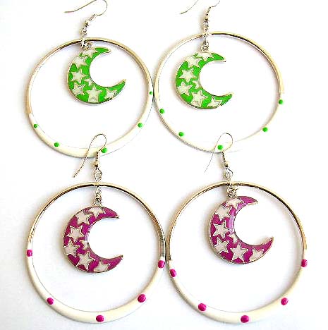 Fashion earring with color painted, multi mini white star decor, moon in circle pattern design