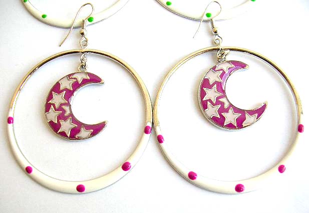 Fashion earring with color painted, multi mini white star decor, moon in circle pattern design