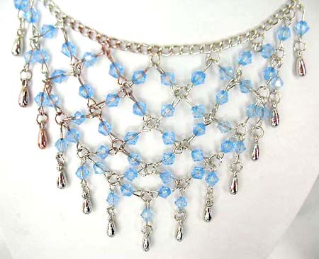 Fashion necklace and earring set, chain necklace with multi blue rhinestone embedded web shape dangle pendant at center, beaded fish hook earring for match up