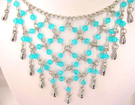 Fashion necklace and earring set, chain necklace with multi bright blue rhinestone embedded web shape dangle pendant at center, beaded fish hook earring for match up 