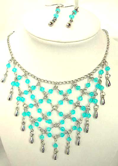 Fashion necklace and earring set, chain necklace with multi bright blue rhinestone embedded web shape dangle pendant at center, beaded fish hook earring for match up 