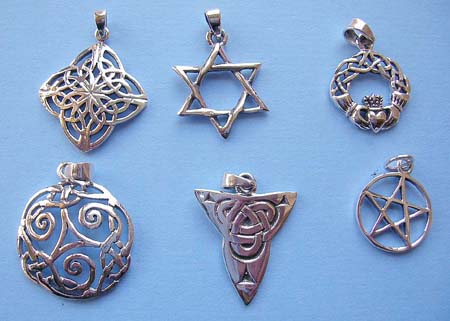 Trendy jewelry catalog, 925. sterling silver pendant, claddage, Star Of David, Celtic and pentagram