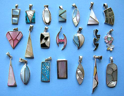 Wholesale costume jewelry, assorted design sterling silver pendants with mother of pearl, paua abalone, shiva eye shell natural gemstone inlaid