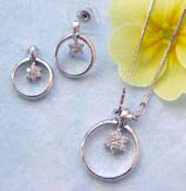 Wholesale floral jewelry online shop offering chain necklace, clear cz flower in circle pendant and stud earring set