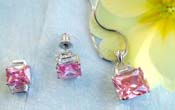 Best jewelry store online wholesale chain necklace, rectangular pinkish cz pendant and stud earring set