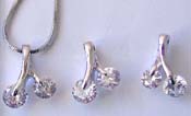 Wholesale platinum jewelry set, chain necklace, metal tree stem pattern holding double cz pendant and stud earring set