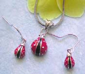 Lady bug jewelry trend wholesale chain necklace, enamel red and black lady bug pendant and hook earring set