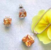 Costume importer jewelry wholesale chain necklace, rectangular orange cz pendant and stud earring set