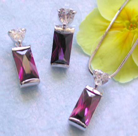 Unique jewelry wholesaler online wholesale chain necklace, purple cz pendant and stud earring set