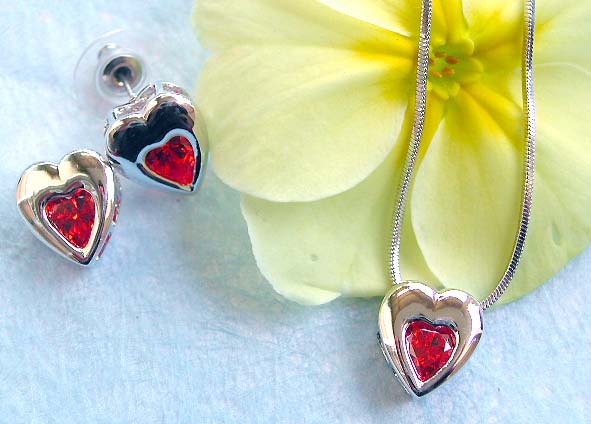 Valentine jewelry gift supply chain necklace, heart love red cz pendant and stud earring set
