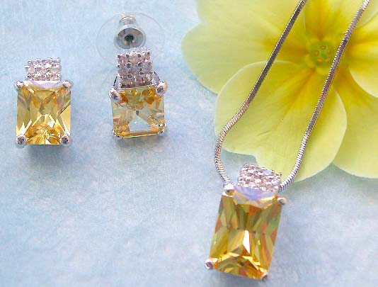 Lady's love jewelry direct wholesale cz jewelry set, rectangular yellow cz with mini clear cz top