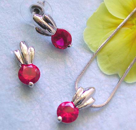 Girl's love jewelry catalog wholesale chain necklace, crown top rounded pinkish cz pendant and stud earring set