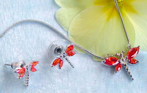 Insect jewelry manufctuer wholesale chain necklace, red cz dragonfly pendant and stud earring set
