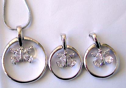 Butterfly jewelry distributor supplychain necklace, clear cz butterfly in circle pendant and stud earring set