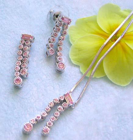 Dangle jewelry supplier wholesale chain necklace, pinkish rounded cz double dangle pendant and stud earring set