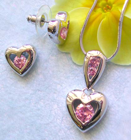 Beauty jewelry trend wholesale chain necklace, round pinkish cz heart love pendant and stud earring set