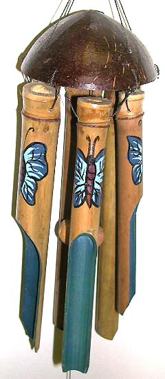 Shell wind chime - light brown bamboo wind chime with blue butterfly and oval half nut shell top.